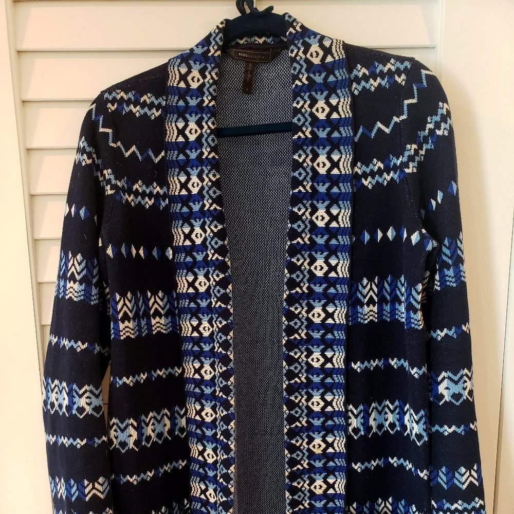 BCBG open front nordic print sweater in vibrant blue navy